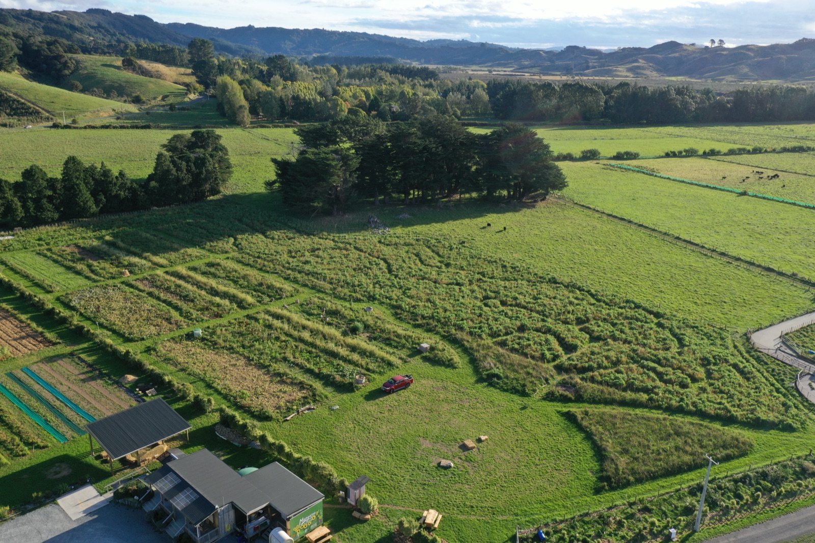 Aerial view of Mangaroa Farms pastures and gardens